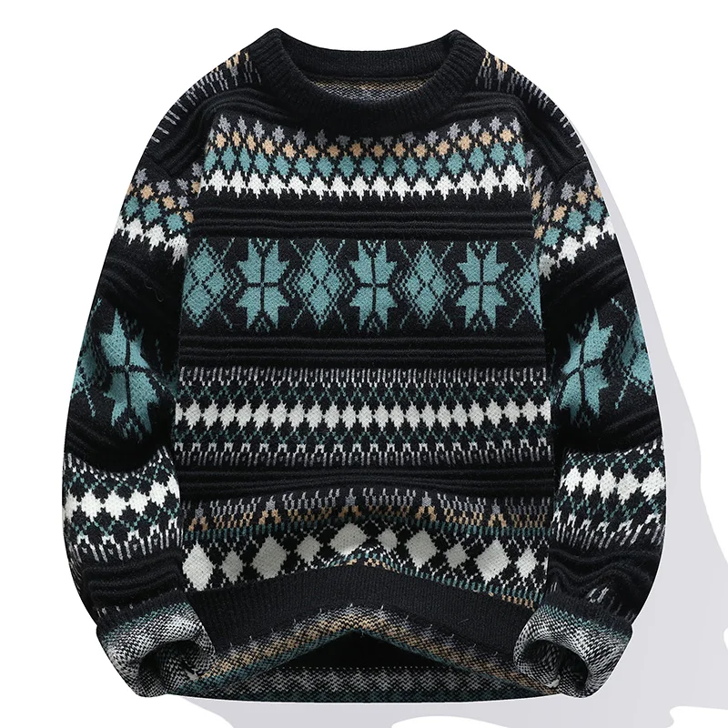 

Мужской свитер, осенне-зимний тренд, ретро жаккардовый вязаный свитер с круглым вырезом, модный бренд, теплый внутри