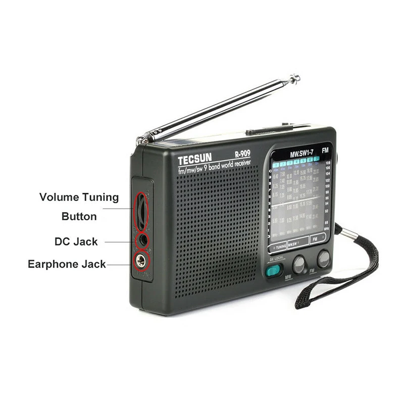 Tecsun R-909 Radio Portable Radio FM MW(AM) SW(Shortwave) 9 Bands 360 Degree Rotary Rod Antenna World Receiver