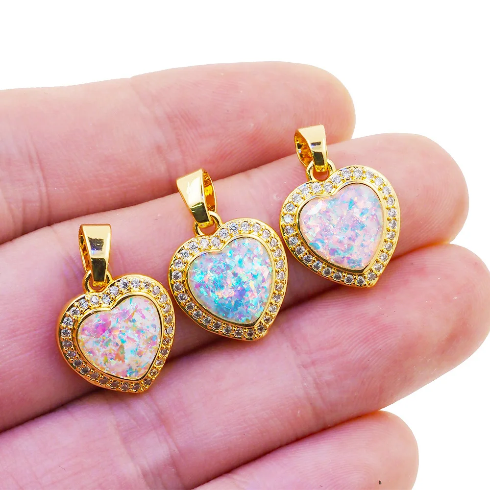 

Luxury Heart Natural Opal Pendant CZ Gold Plated Necklace Accessories Gemstone For Women DIY Love Couple Jewelry Making Findings