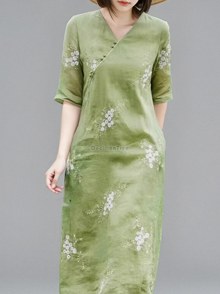 

2025 new chinese-style improved cheongsam dress for women short sleeve v-neck embroidery cotton and linen loose qipao dress t001