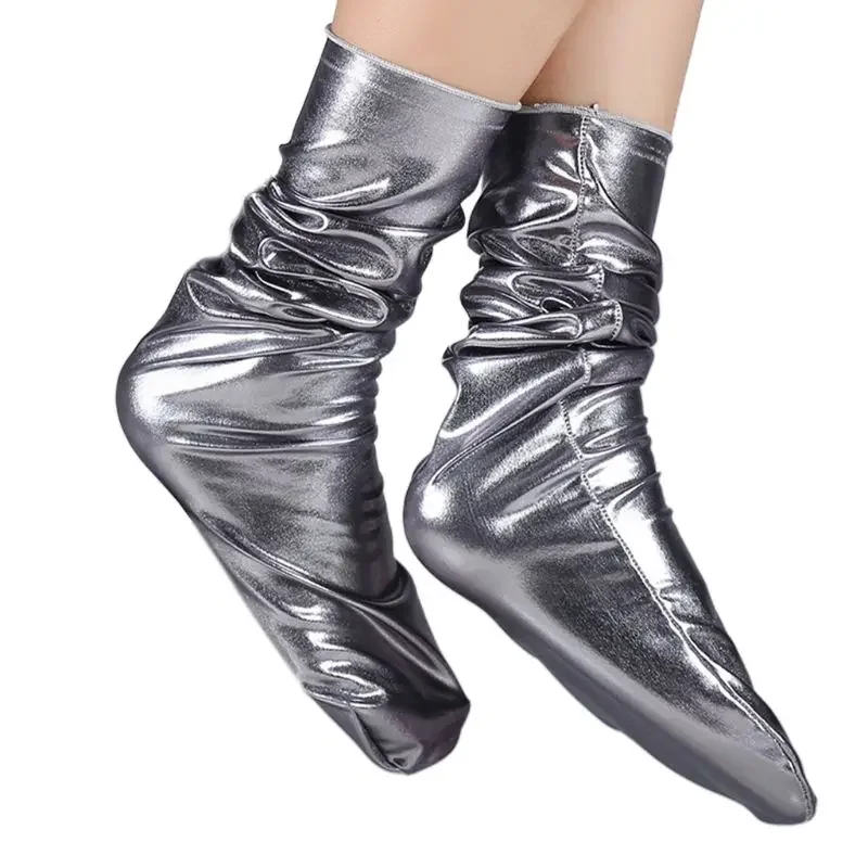 Calzini larghi da donna in finta pelle verniciata, clubwear solido effetto bagnato metallizzato lucido