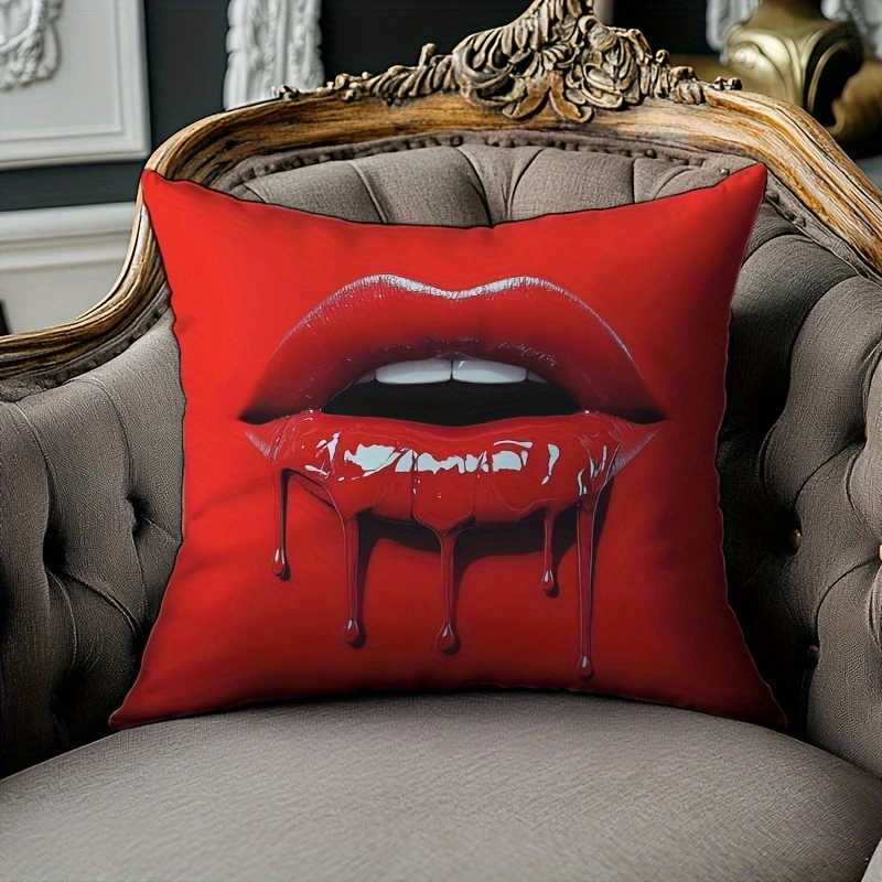 2D Dripping Red Lips Pillow Cover Sexy Glossy Lip Print Cushion Case for Sofa Couch Modern Gothic Home Decor Gift