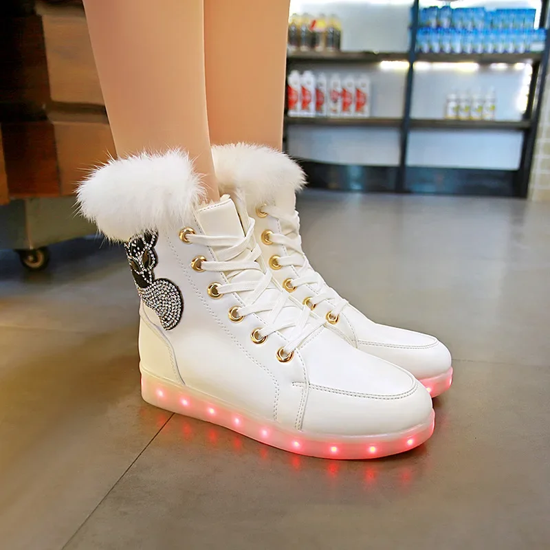 Size 35-40 Children Snow Boots USB Charge Glowing Shoes Girls Plush Warm Luminous Shoes PU Leather Waterproof Boots for Boys