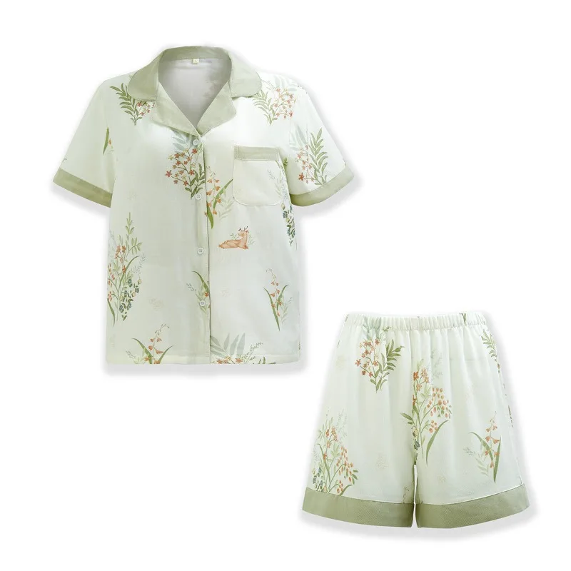 2025 Summer Bamboo Fiber Double-layer Gauze Pajamas for Women Flower Printing Lapel Contrasting Color Short-sleeved Loungewear