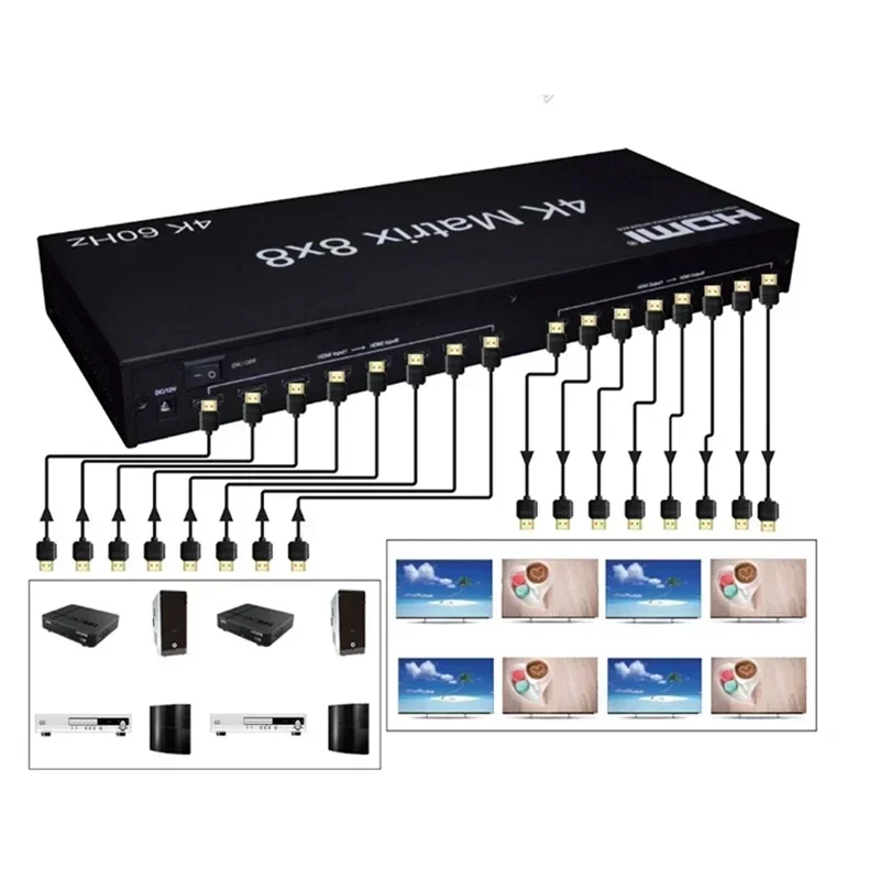 4K 60hz Video HDMI Matrix 8x8 Screen Switch Splitter 8 in 8 Out Display Video Converter for PS4/5 Camera Laptop PC To TV Monitor