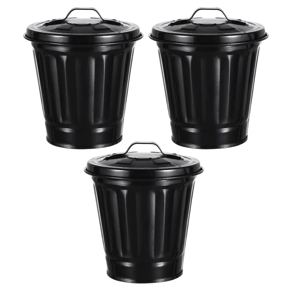 

3Pcs Metal Trash Can with Lid Small Desktop Wastebasket Galvanized Iron Bin for Office Home Dorm Space Saving Pen Holder