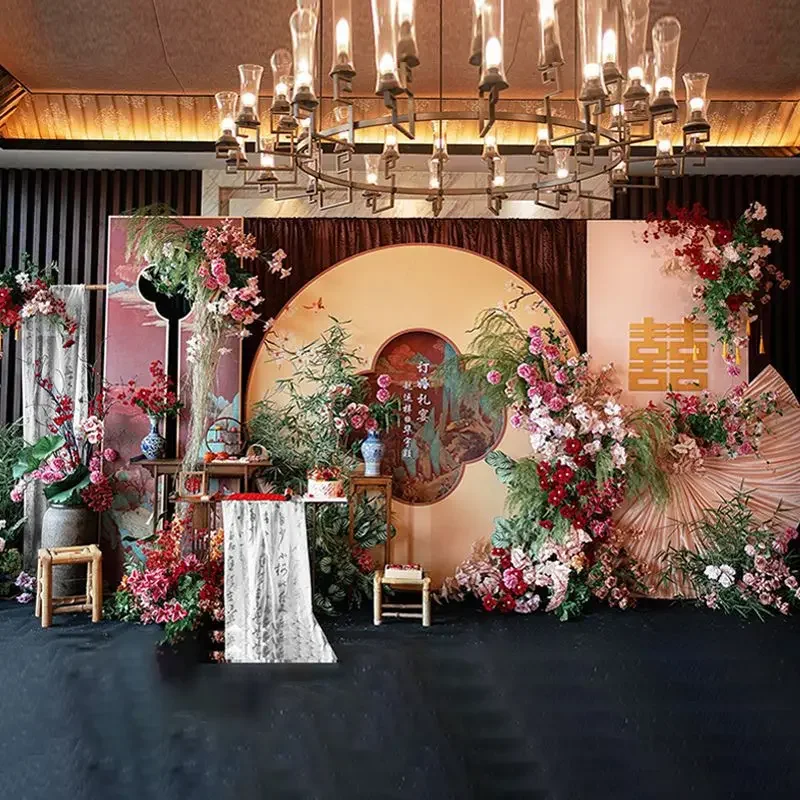 2026 new Chinese engagement banquet layout decoration high sense simple atmosphere kt board background wall scene