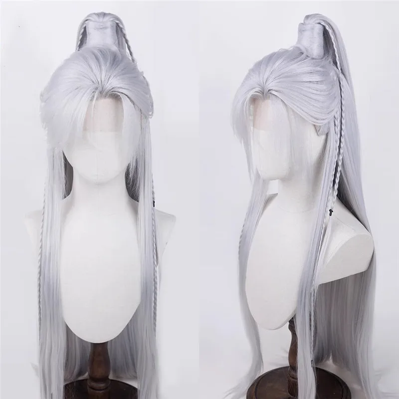 วิกผมคอสเพลย์สีเงินขาว รุ่น Love And Deepspace Relentless Conqueror ของ Sylus Cos  สำหรับคอสเพลย์อนิเมะ  แบบยาว  สามารถปรับแต่งได้  สำหรับผู้ชาย  ระดับมืออาชีพ