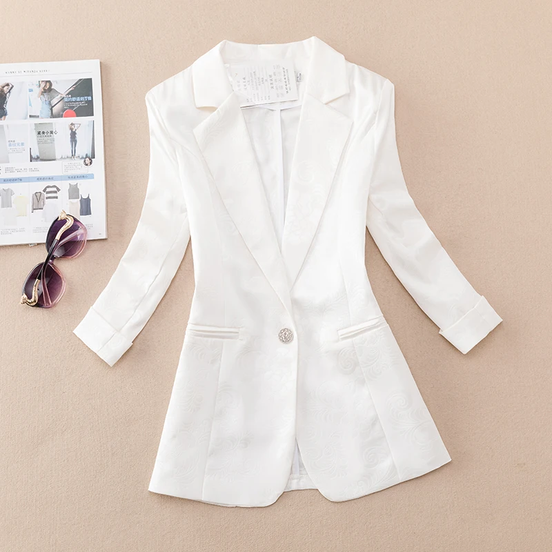 

Slim Fit ort Floral Embroidery Suit Jaet Women's 3/4 Sve Sli Top Thin Material Spring Summer New Arrival