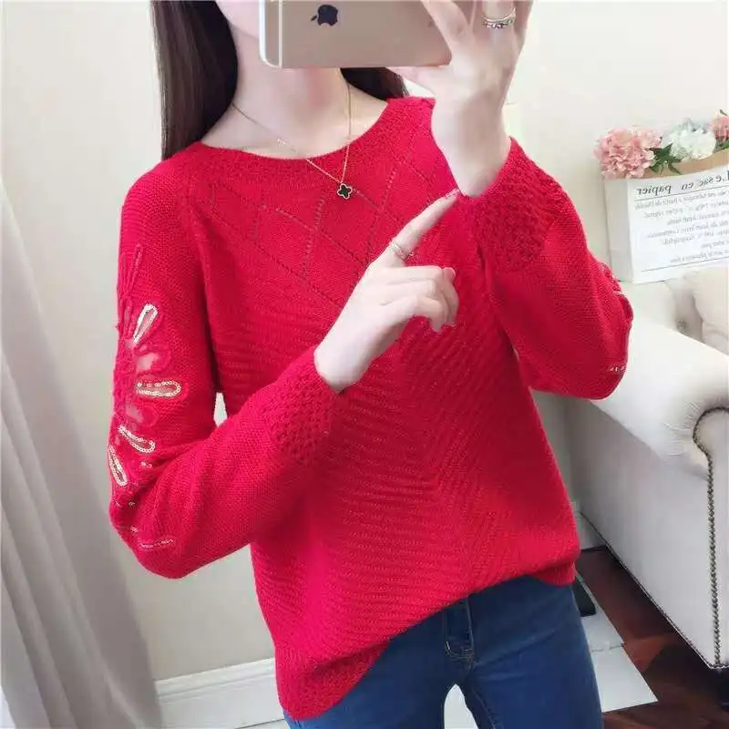 Sweater knit sweater women\'s top 2022 spring dress new loose-fitting hollow-sleeved lace bottoms thin-fitting