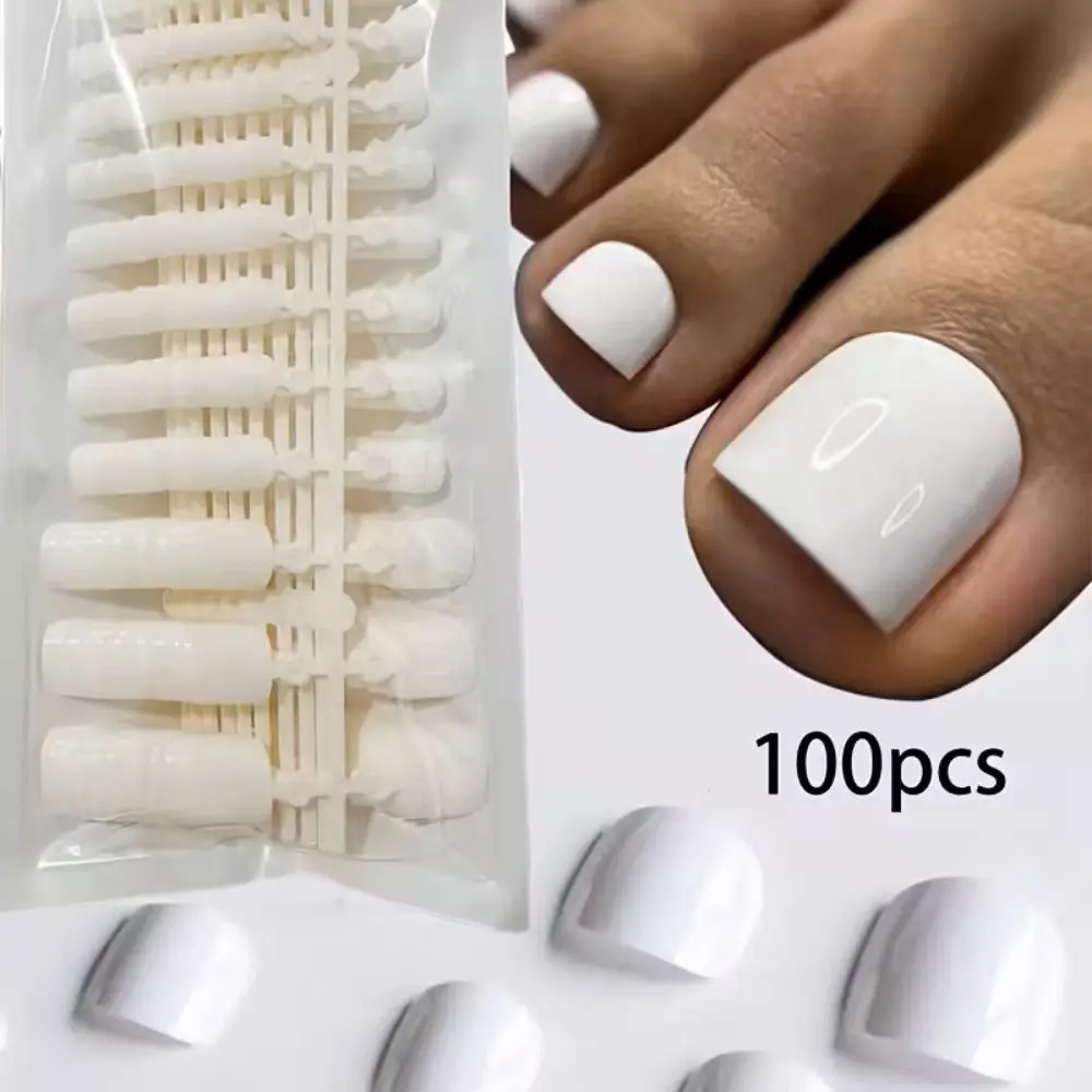100pcs/Box French Tip Press-On Toenails White Color System Square Shape Foot Nails Short Length Glossy Finish False Toe Nail Set view 3