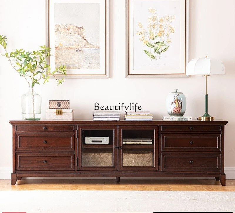 

American all-solid wood retro TV cabinet walnut color storage floor cabinet