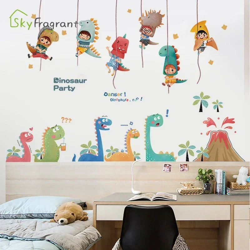 Fun Dinosaur Wall Stickers For Kids Rooms Child Bedroom Wardrobe Cute Home Wall Decoration Self Adhesive Sticker Wallpapers