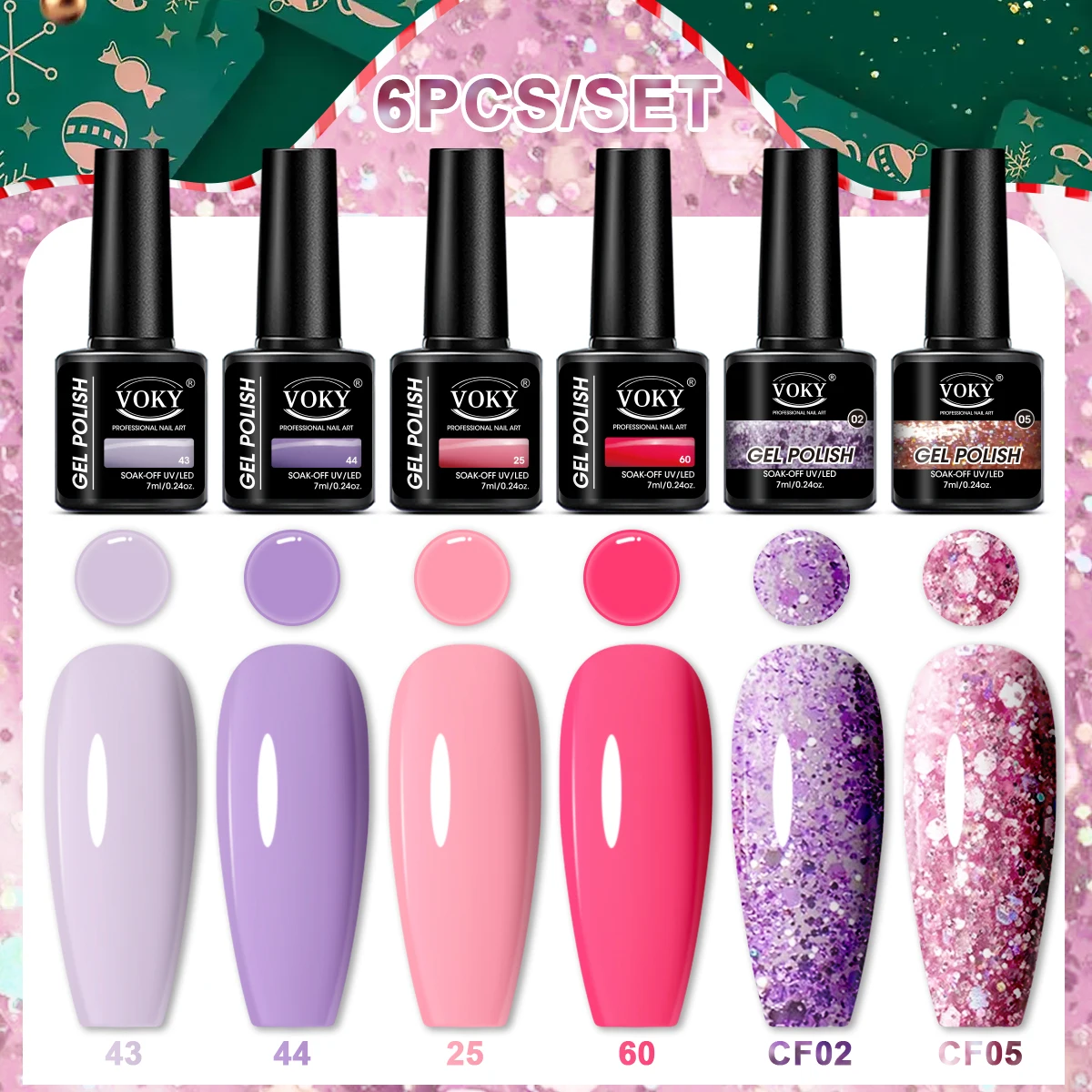 6 uds VOKY 7ML esmalte de uñas en gel de color sólido con polvo chalota para hidratación brillante para decoración de uñas en el hogar o regalos de Año Nuevo