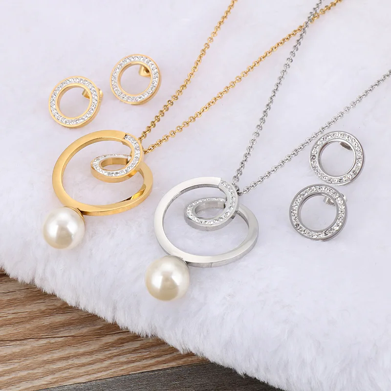 2pcs/set Elegant Shiny Zircon Round Pendant Necklace Drop Earrings for Women Shell Beads Cricle Stainless Steel Jewelry Set Gift