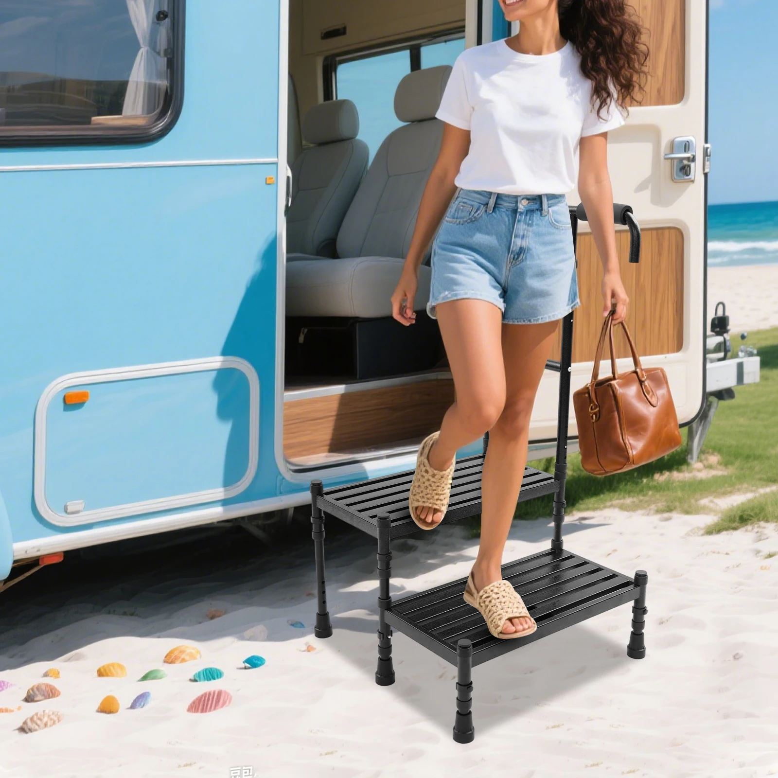 2 Steps 53.5*57*91-108cm Floor Standing Step Stool Adult Ramp Metal Stepping Stool with Comfortable Handle Black