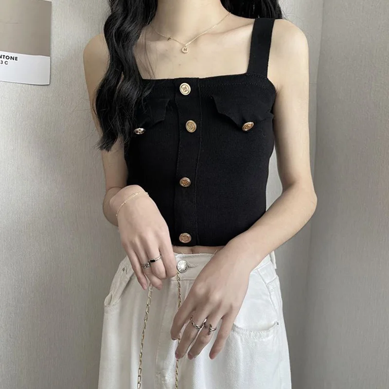 Knitting Camisole Female Summer New Fashion Simplicity Buttons Solid Color Top Tee Odzież damska All-match Temperament Tank Top