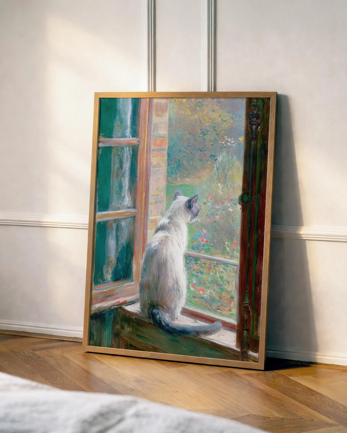 Impresión de Gato Siamés Inspirada en Monet para Ventana o Pared - Pintura al Óleo Impresionista de un Gato Siamés Mirando un Jardín, Viento Verde Francés