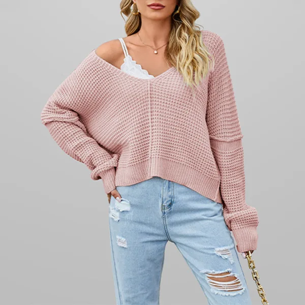 

New Autumn Womens Comfortable V-neck Solid Color Off-shoulder Sweater Loose Long-sleeved Pullover Women's Camping Style Pullover