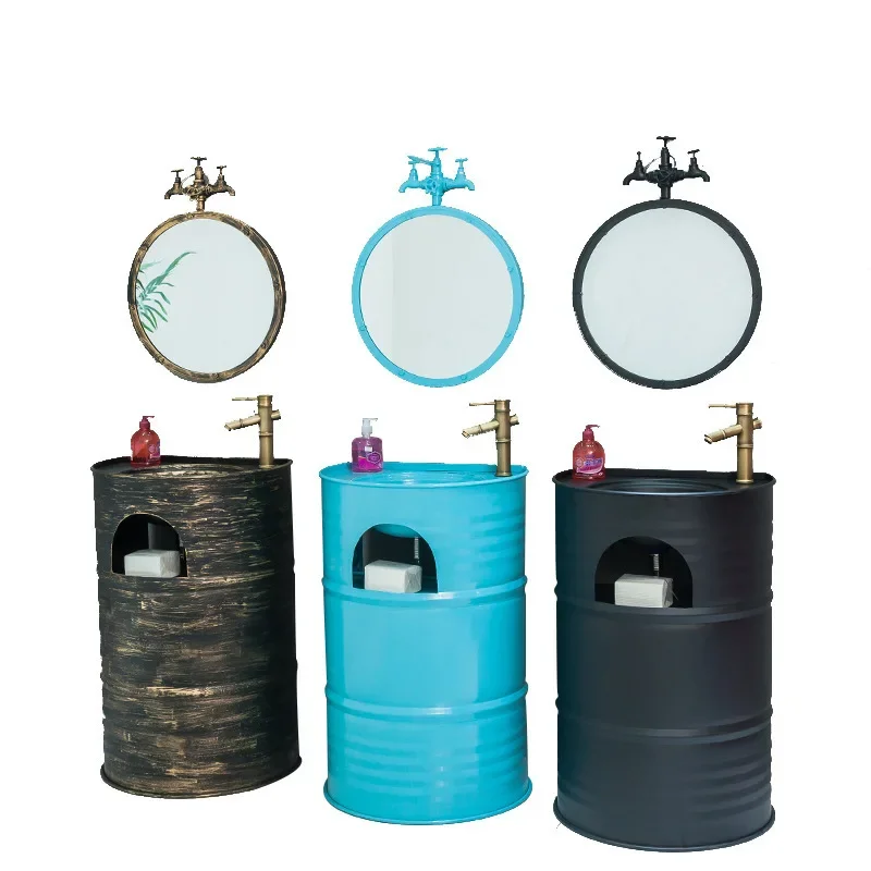Industrial wind column wrought iron washing table round creative oil drum floor type washing table basin combination bathroom