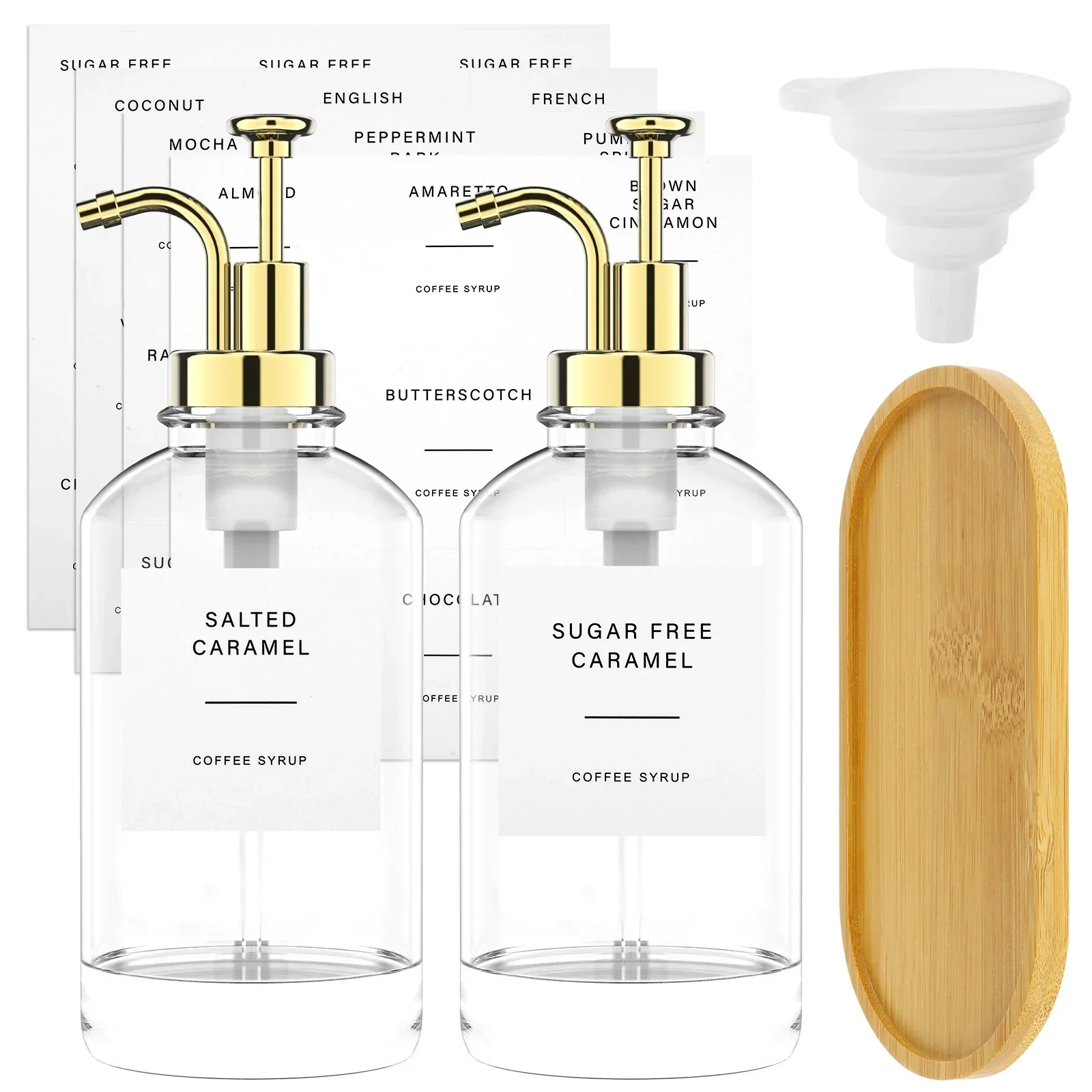 2Pcs Coffee Syrup Dispenser Set with Bamboo Tray Reusable Glass Syrup Bottle with Labels Funnel Clear Syrup Pump Dispenser