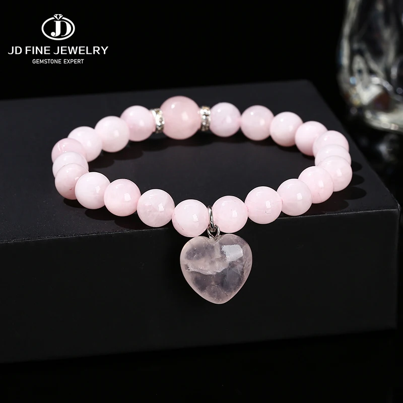 JD Natural Pink Quartz Yellow Tiger Eye Unakite Heart Pendant Beaded Bracelet Women Lovers Elegant Handmade Stretch Healing Gift