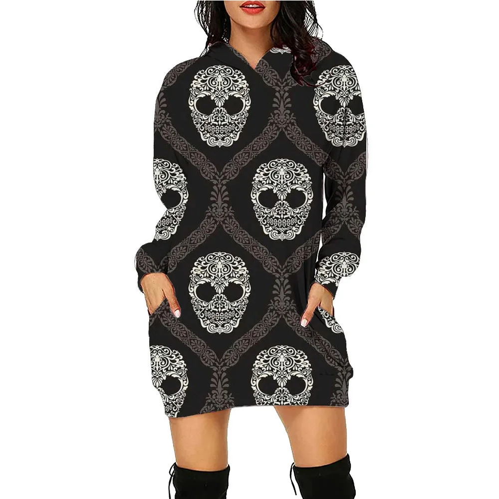 Grey Skull Halloween Printed Hoodie Dress Women's Top Workout Sweatshirt Long Sleeve Pullover Autumn Loose Tee Traf Vestidos