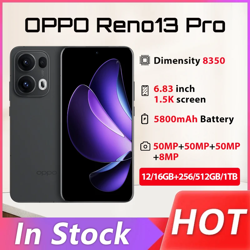 هاتف OPPO Reno 13 Pro الجديد 50 ميجابكسل كاميرا خلفية الأبعاد 8350 ثماني النواة 6.83 بوصة AMOLED 120 هرتز 5800 مللي أمبير 80 وات SuperVOOC 50 وات لاسلكي