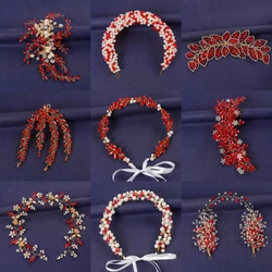 Red Crystal Flower Hairband Tiara For Women Party Rhinestone Pearl Headband Bridal Wedding Hair Accessories Jewelry Comb band