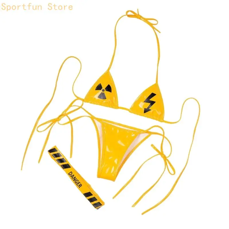 Women Two Piece Bathing Suit Waterproof Leather Swimwears Adjustable Ties X7JD