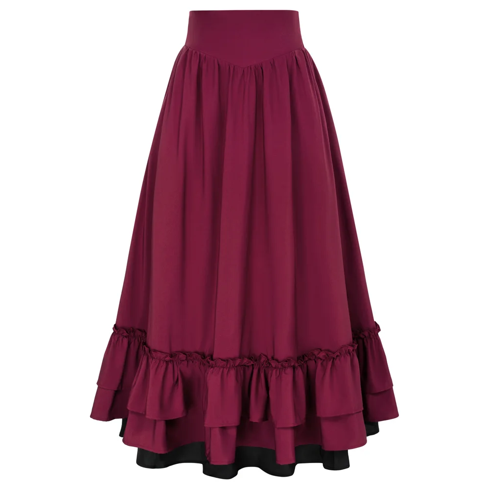 Scarlet Darkness Women Victorian Skirt High Waist Dual Layer Ruffled Hem Back Adjustable Skirt Steampunk Gothic Maxi Skirt