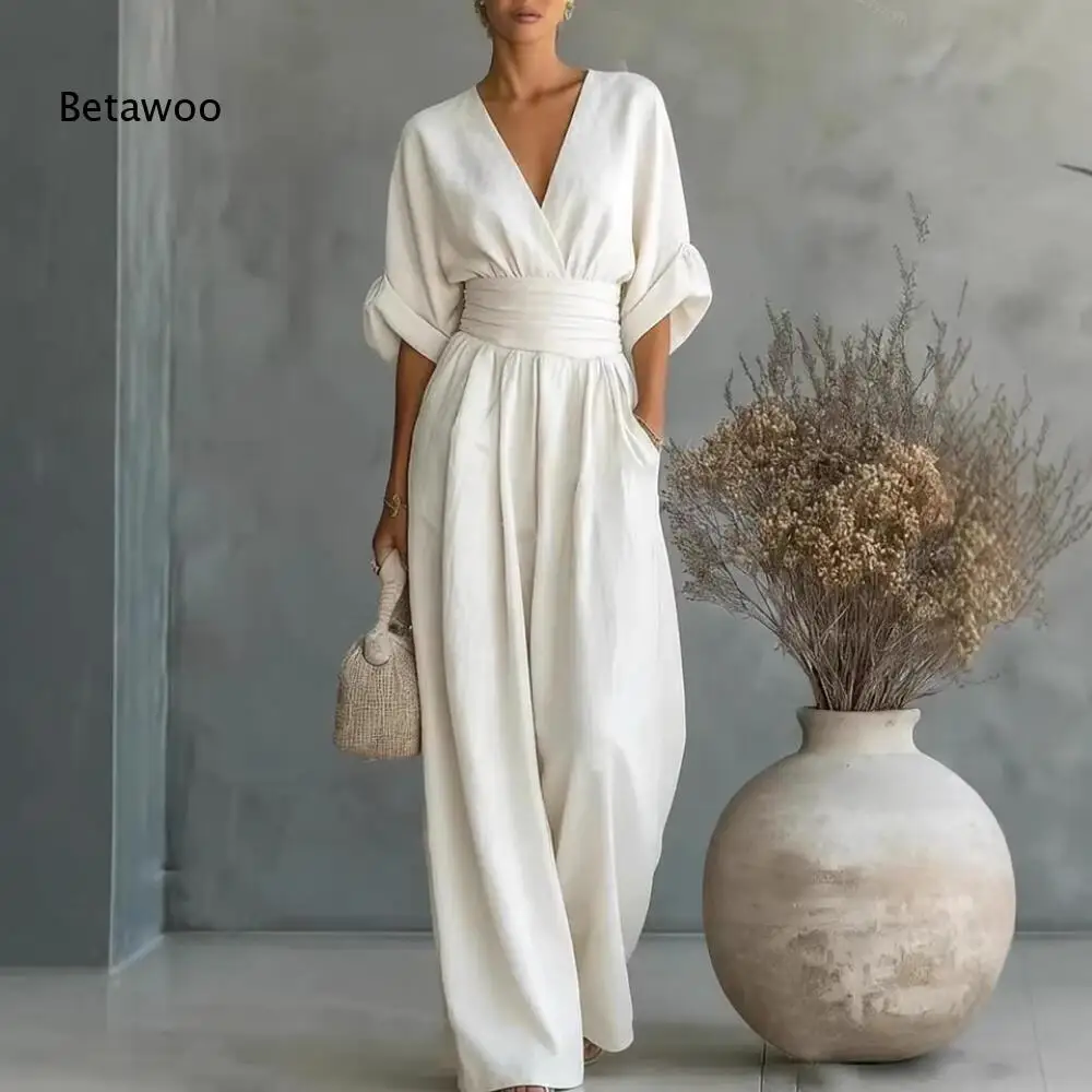 

Vacation Ready Solid White Surplice V Neck High Waist Loose Fit Jumpsuit