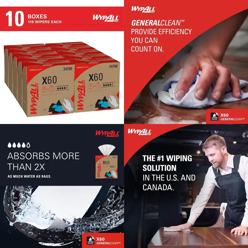 

Multi-Purpose GeneralClean X60 Cloths, 10 Packs, 1180 Sheets, Strong Absorbent Wipes in White Pop-Up Box