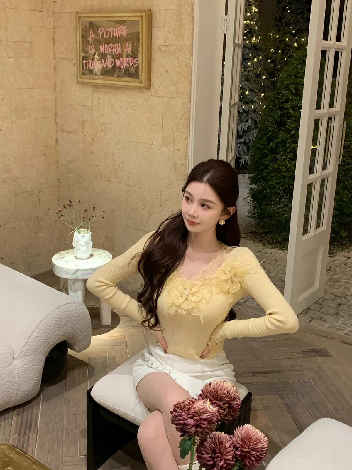 

Azhen Coral Warm Sun Heavy Embroidery Feather Slim Fit Hoodie Knitted Sweater Women's Sweet Sle V-Ne Long Sve Top