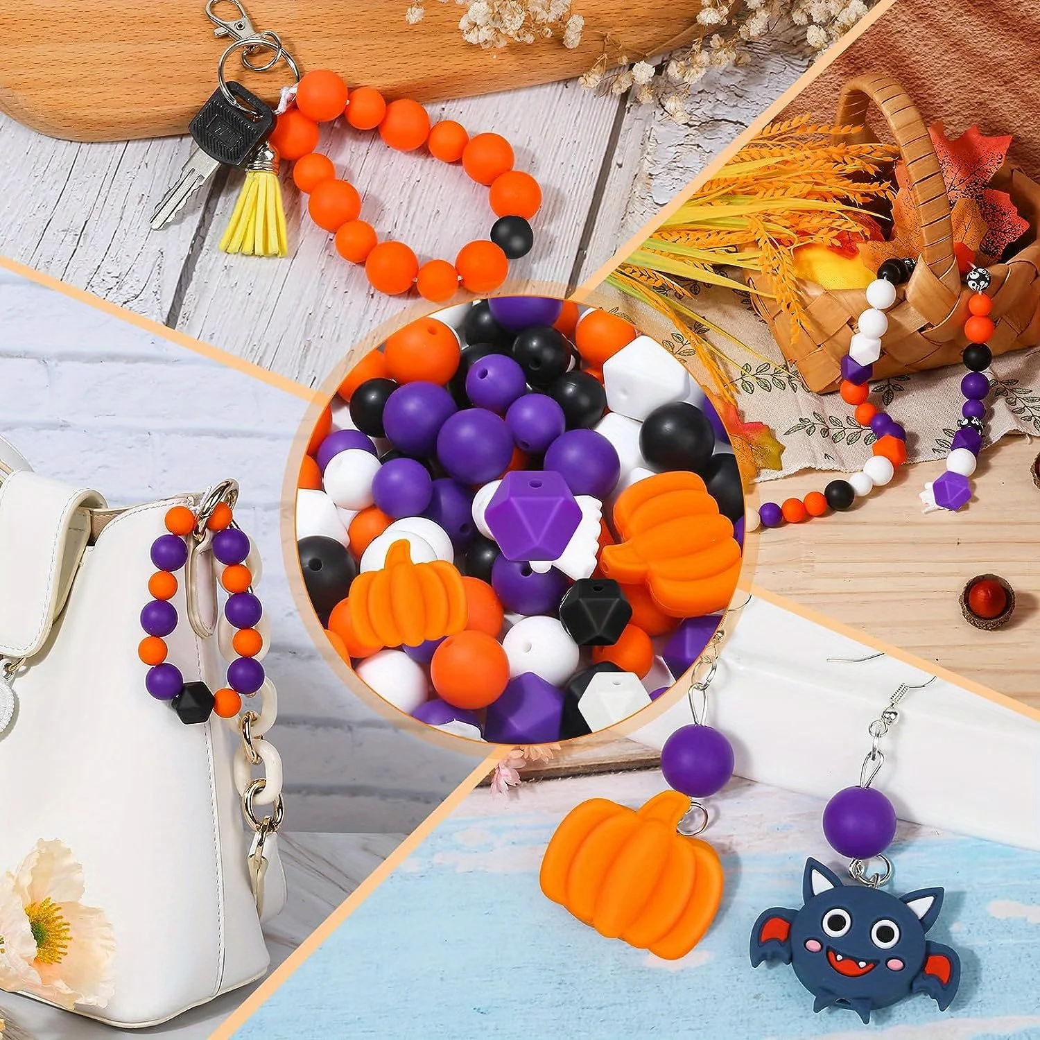 59 Pieces Halloween Silicone Beads, Pumpkin Skull Shape Ghost Bat Polygonal Beads for Home Decoration Crafts Bracelet Keychain