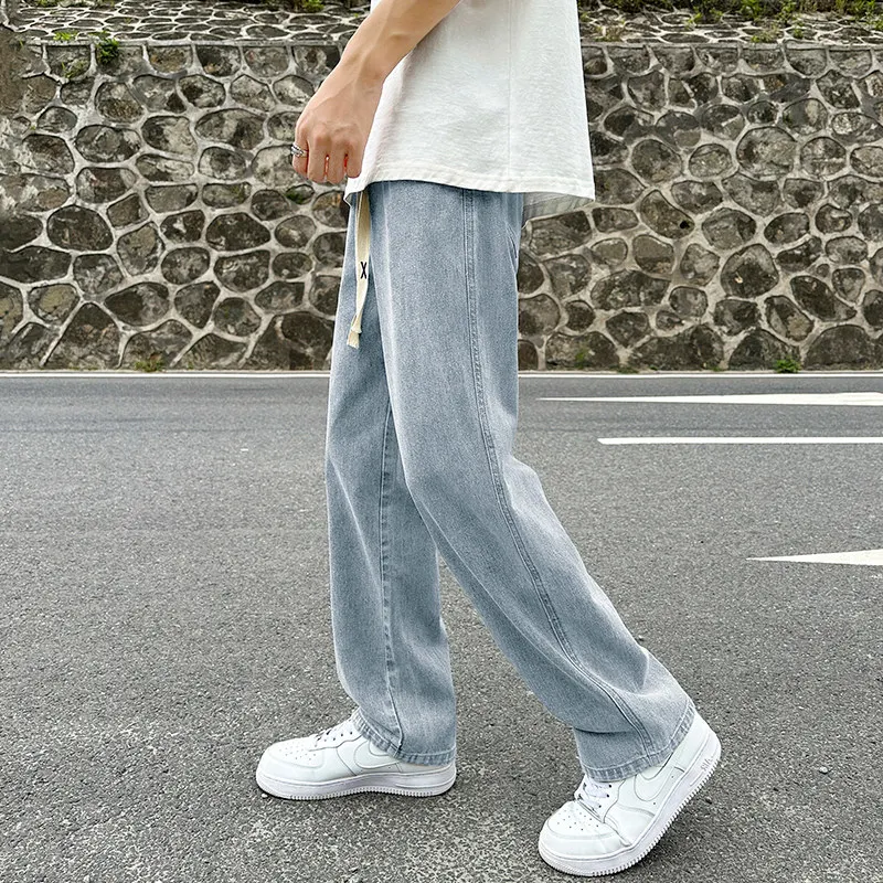Retro Drawstring Loose Fit  Color American Style Men's Jeans Spring Autumn New Arrival Youth Trend Cotton Straight Leg