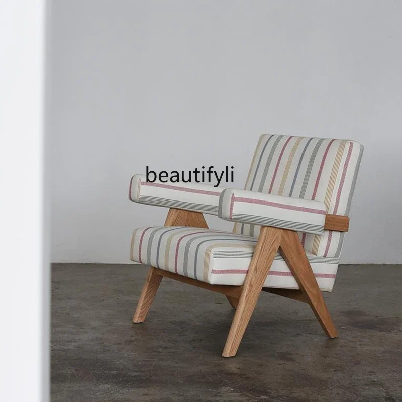 

Modern Light Luxury Nordic Solid Wood Single Sofa Living Room Minimalist Armchair French Retro Silent Recliner Couch