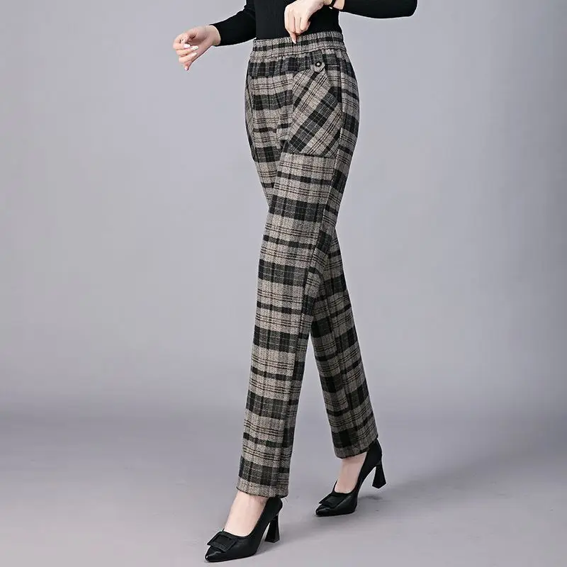 200 Pound Plus Size Pants Women Spring Autumn Straight Leg Middle-aged Fashionable Outerwear Loose Casual Plaid Pants Trendy