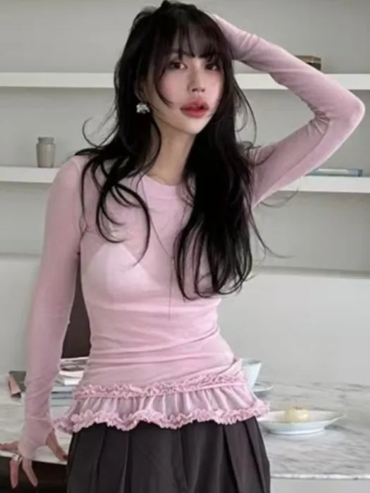 เสื้อซับในผู้หญิงทรงเข้ารูป ผ้าลูกไม้แต่งขอบ แขนยาว ระบายอากาศได้ดี สวมใส่สบาย รุ่นใหม่สำหรับฤดูใบไม้ผลิ