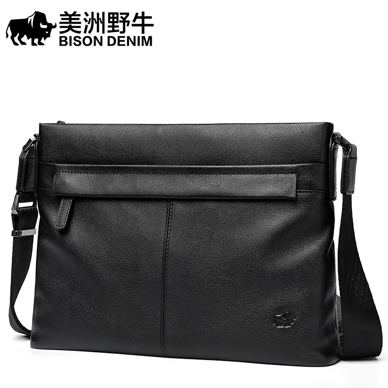 BISON DENIM Male Shoulder Bag Genuine Leather Large Capacity Business Messenger Bags Crossbody Casual Bags for Men Free Shipping