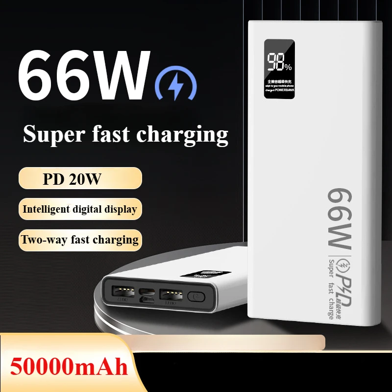 

2025 New 50000mAh Power Bank 66W Fast Charging External Battery Pack 20W PD Charger for iPhone Huawei Xiaomi Samsung