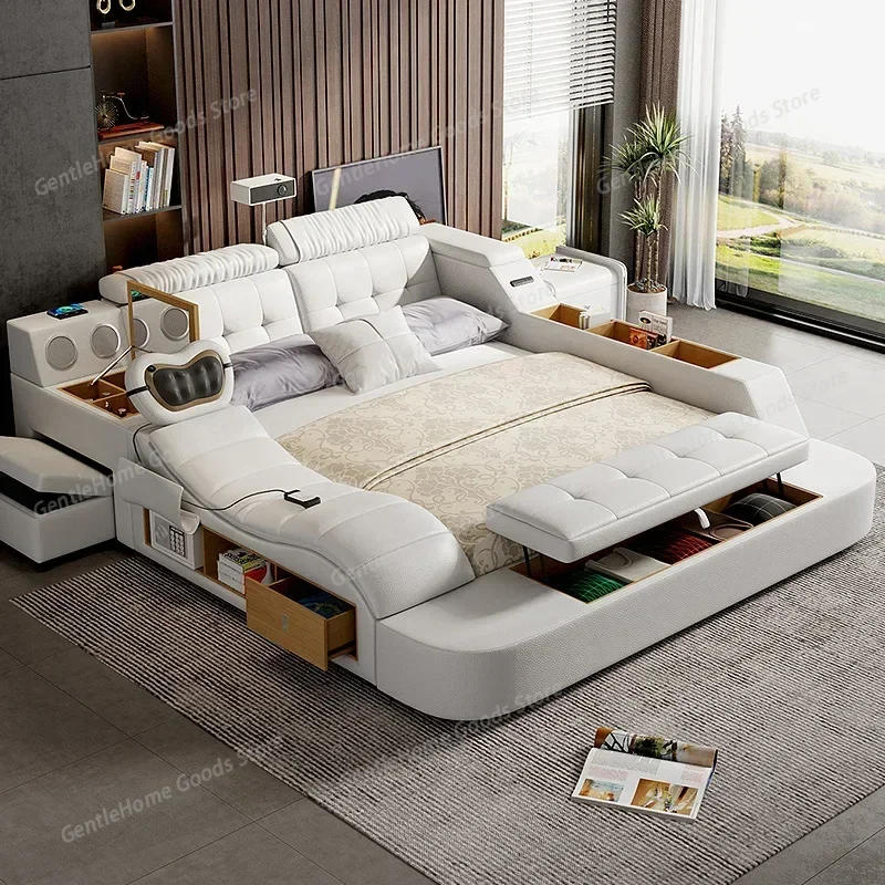 

180x200cm Double bed multifunctional king size bases white frame storage bedroom bed Massage chair luxury projector furniture