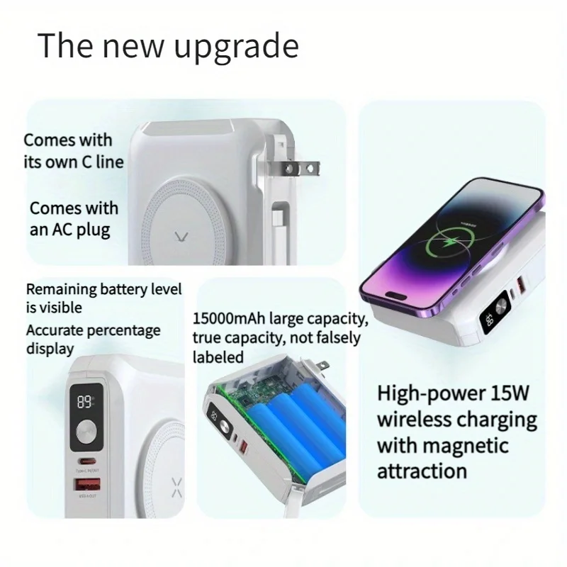 15000mAh 65W Fast Charge Magnetic Power Bank Integrated Cable Convertible EU UK Plug Travel Laptop Charger for Watch Phone PD