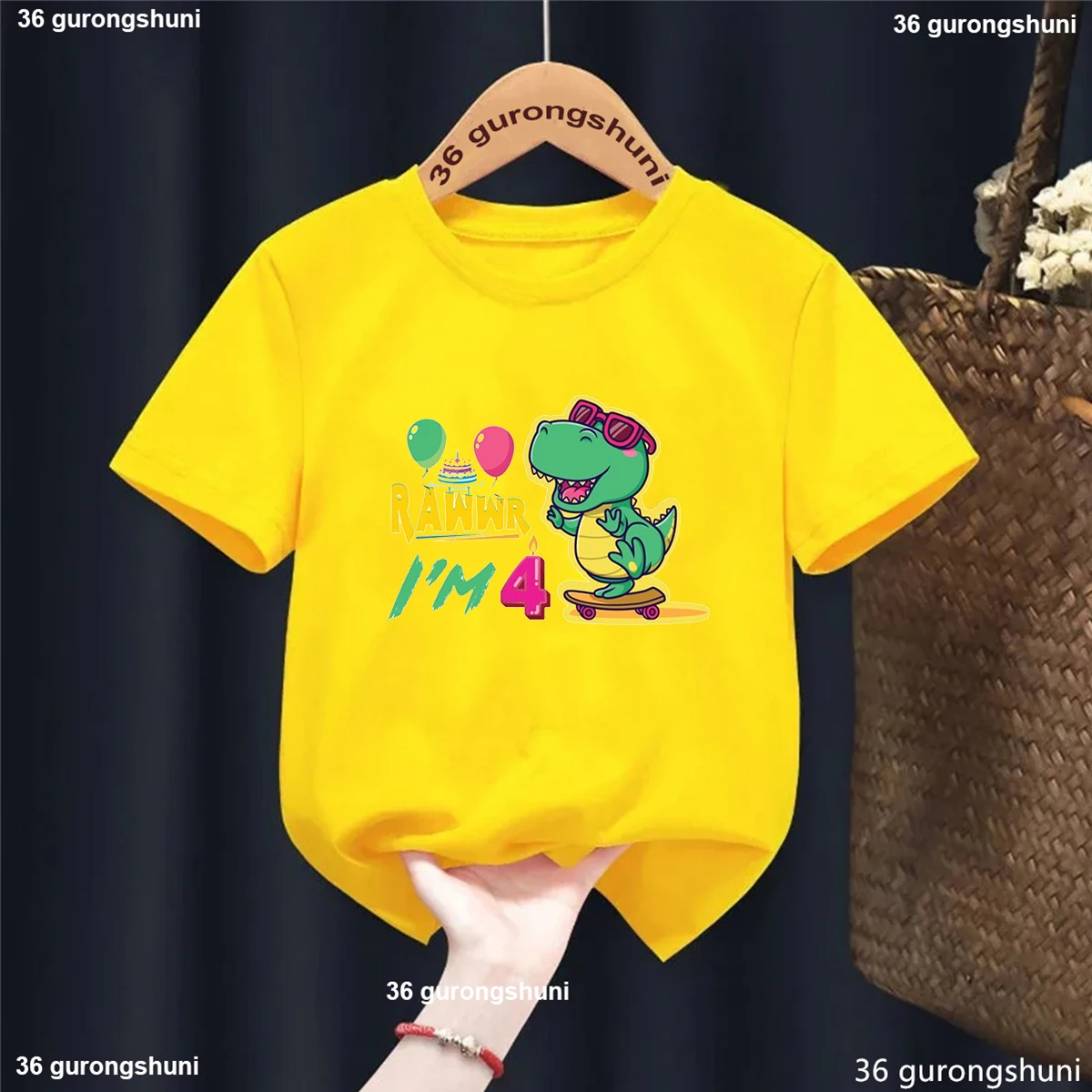 Dinosaur Roller Skating Birthday Gift T-Shirt For Girls/Boys Rawwr I Am 1th/2th/4th/5th/6th/7th/8th Kids Clothes Yellow Tshirt