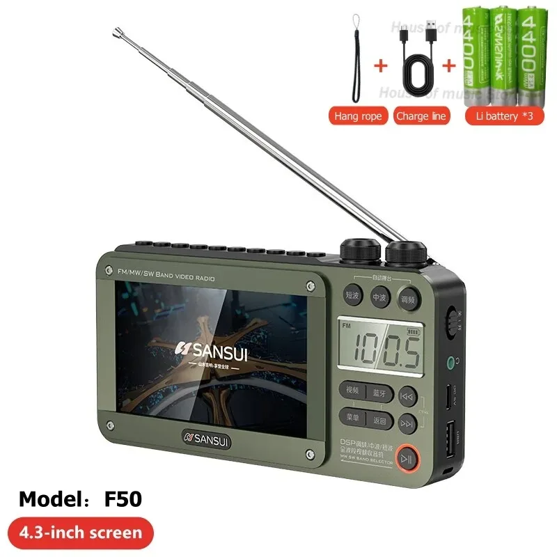 

SANSUI F50 Portable 4.3 inch LCD Screen Radio Multi-band HF AM Built-in Rechargeable Battery FM Bluetooth Radios Speakers