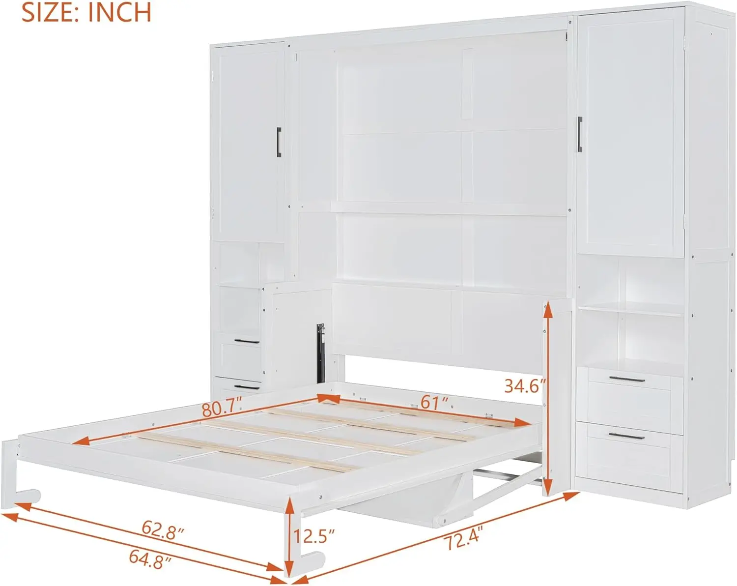 Luspaz Queen Size Murphy Bed With Closet & Shelves - Space-Saving Wall Beds Built-In Top Shelf + Side Wardrobe And Two Storage