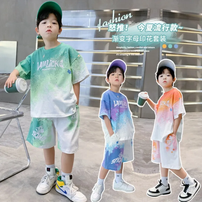 Summer Boys Alphabet Contrast Tie Dye T-Shirt Tops+Shorts Pant Workout Sets School Kids 2PCS Tracksuit Children Outfits 5-16 Yr