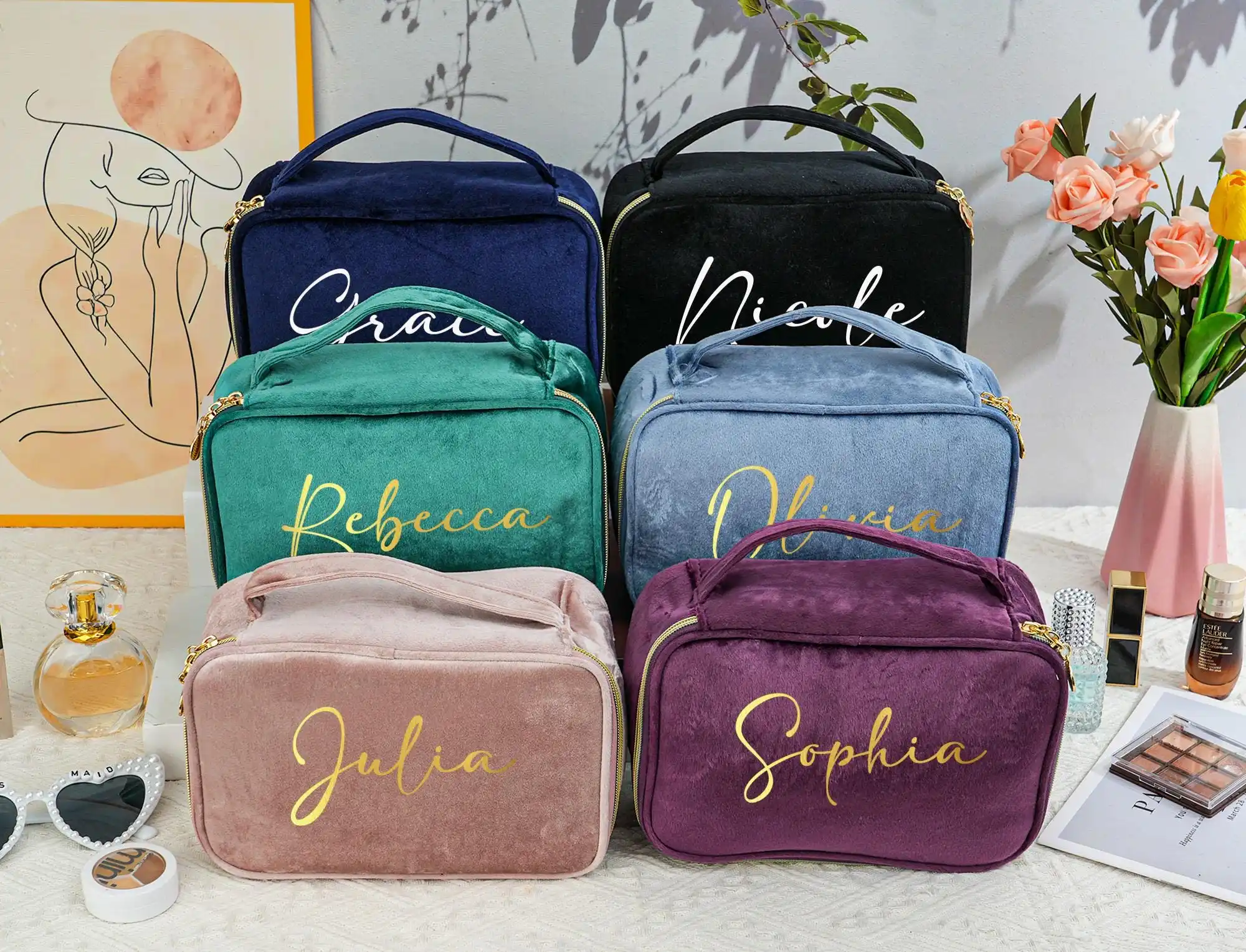 Custom Cosmetic Bag Bridesmaid Gift Ideas Personalized Travel Toiletry Bag Monogrammed Velvet Toiletry Bag Gift for Her