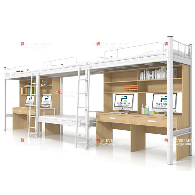 سرير يوث نزل علوي مع طاولة دراسة خشبية سرير معدني بطابقين مع سلم وخزانة ملابس للمبيعات #4