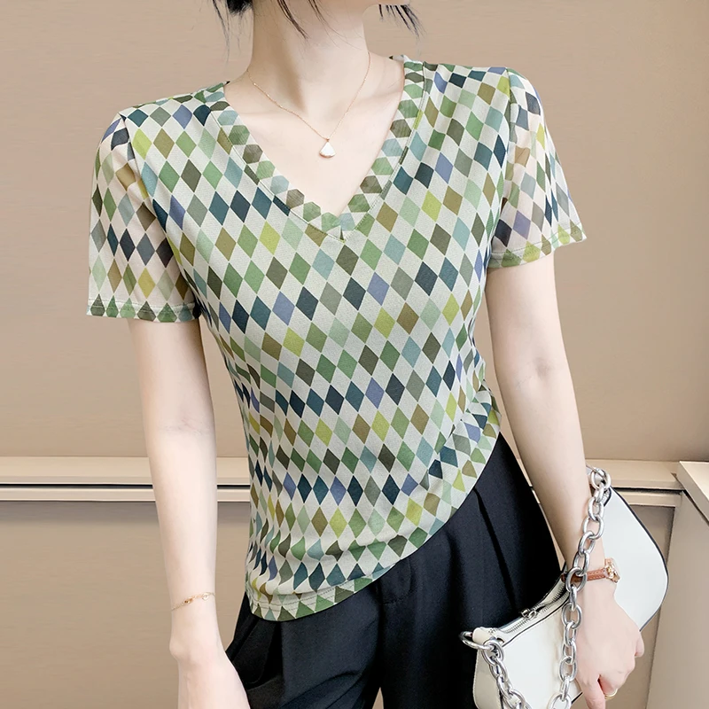 

Chic 2025 Women's Short Sleeve Top: Retro Sheer Mesh Print Design, Unique & Airy Vintage Tee for Summer